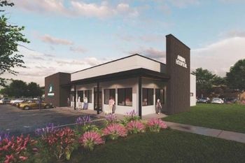 Exterior rendering of the Modern Animal Hospital, a black and white building with a landscaped front yard.