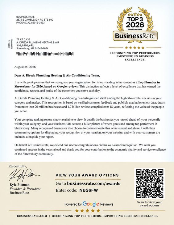 BusinessRate award letter with a gold “Top 3 2026” badge and QR code on a beige footer