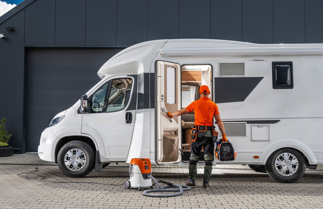 Man in orange outfit with tools near white RV.