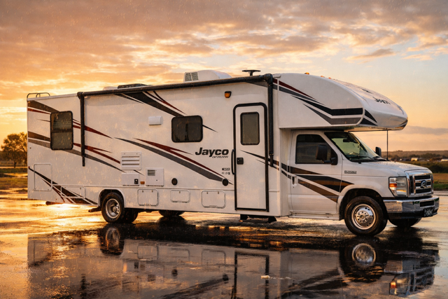 White Jayco RV parked on a wet beach at sunset, reflecting in the puddles.