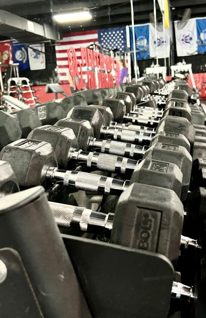 A row of dumbbells are lined up in a gym.