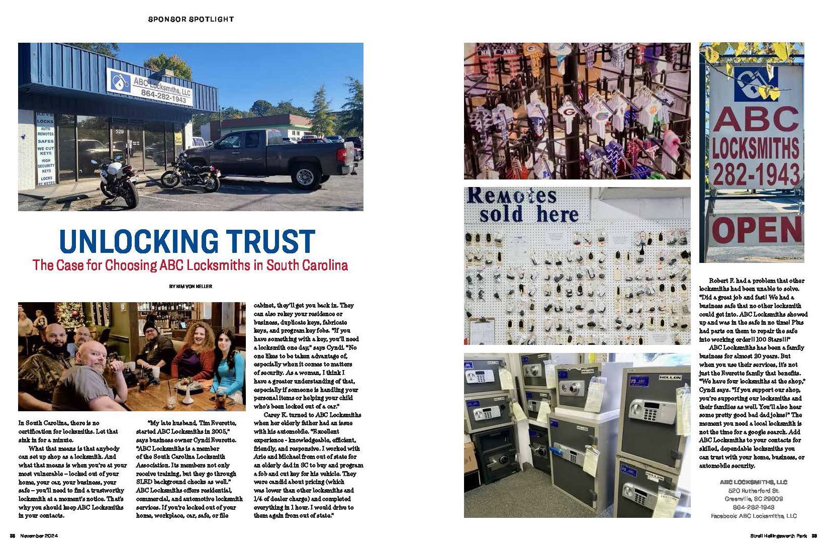 Page spread with a locksmith shop, merchandise, keys, and customers; text: