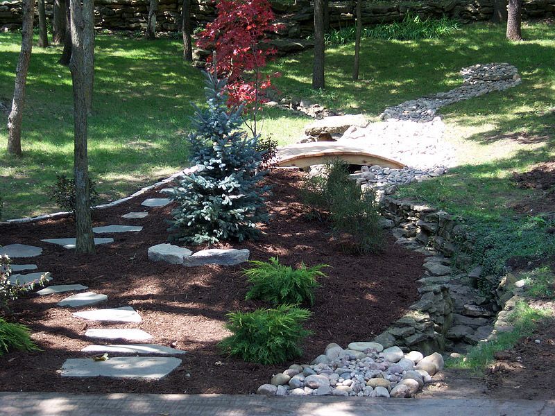 Stone path leads through a landscaped garden with a small bridge over a stream.