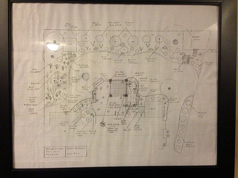 Framed landscape design blueprint with handwritten labels and plant symbols.
