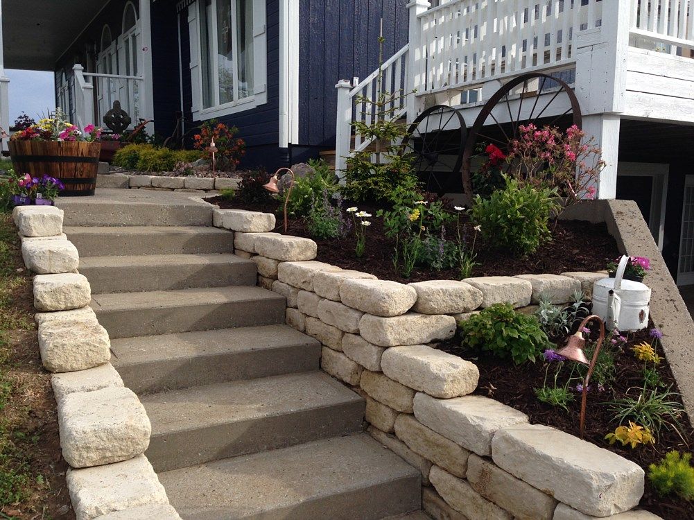 Stone steps leading to a dark blue house, with flowerbeds on either side.