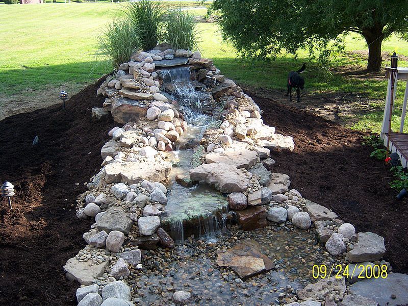 Water cascading down a rocky waterfall feature in a backyard, with lush green grass and mulch.