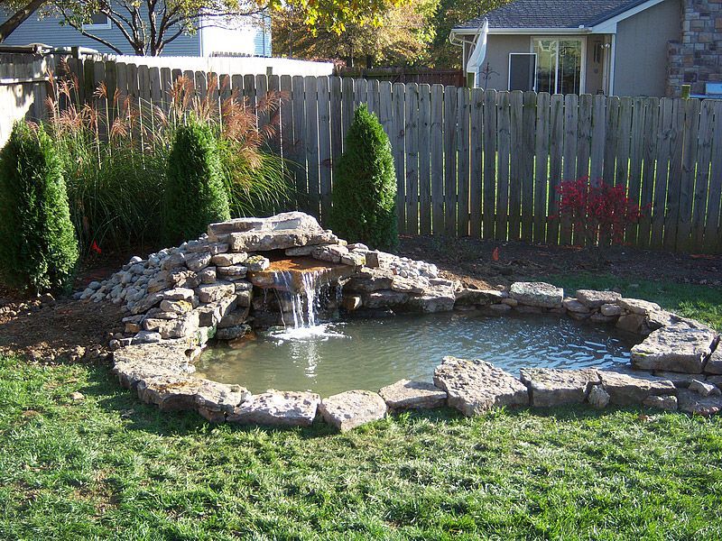 Small backyard pond with waterfall, surrounded by rocks and evergreens, wooden fence in the background.