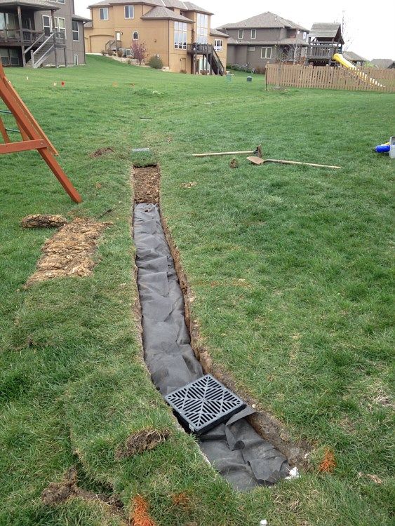 Open trench in grassy backyard, prepared for drainage system installation.