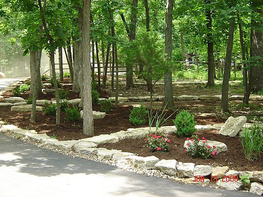 Landscaped garden bed with rocks, mulch, and trees, beside a paved road.