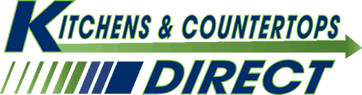 A blue and green logo for kitchens and countertops direct