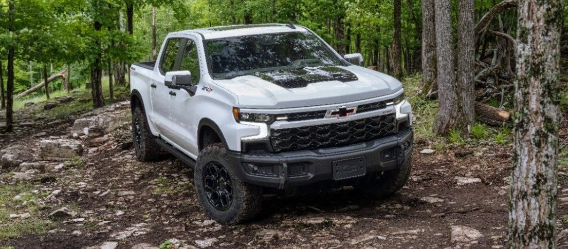 a white truck is parked in the middle of a forest .