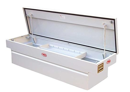 a white toolbox with the lid open on a white background