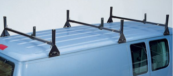 a blue van with a roof rack on it