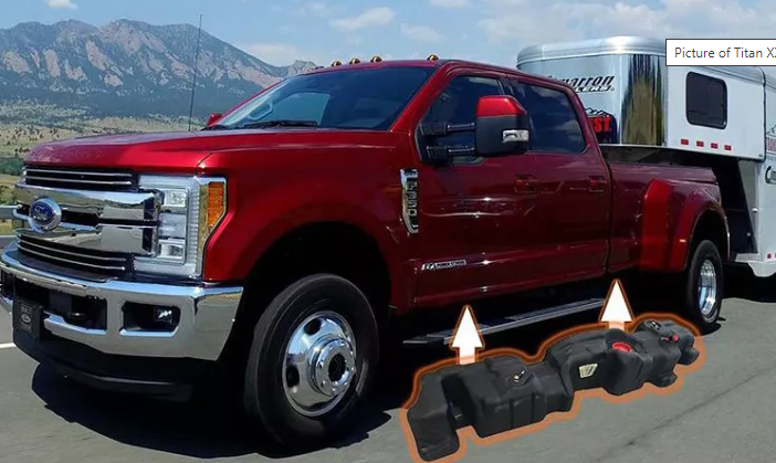 a red ford truck with a trailer attached to it