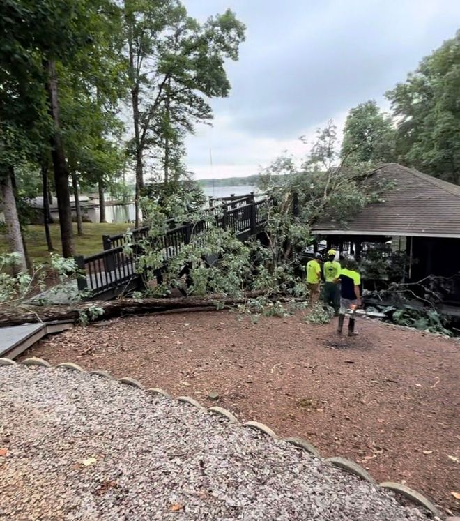 Fallen tree on a bridge and structure; workers in vests assess damage by a lake. Overcast skies and greenery.