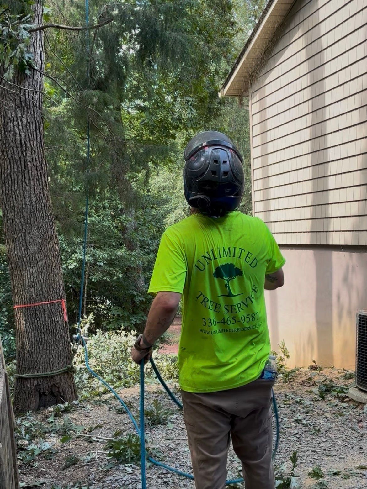 Person in a helmet and lime-green shirt spraying water near a tree and a house.