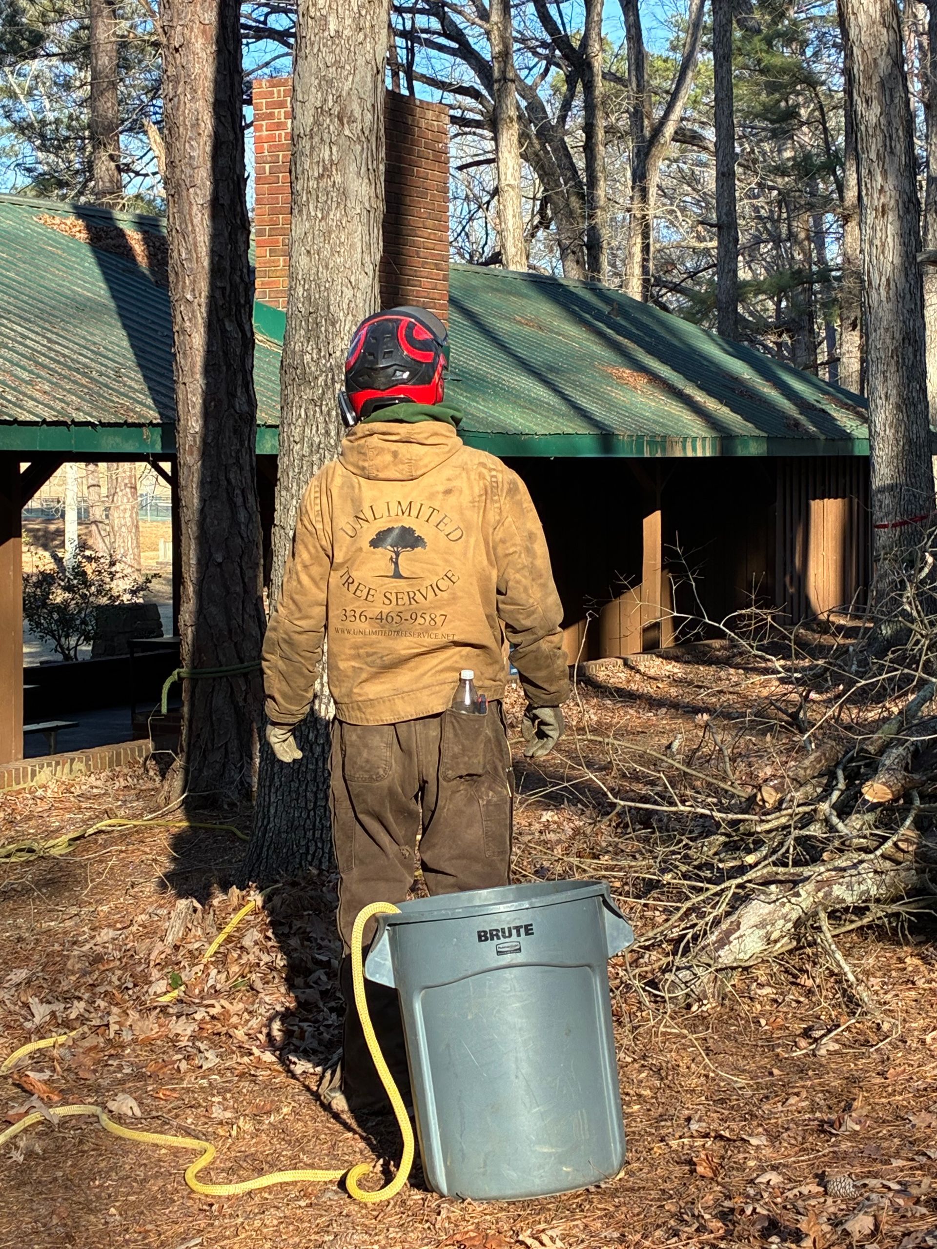 Person with safety gear, standing near a trash can and a forest cabin with a green roof.