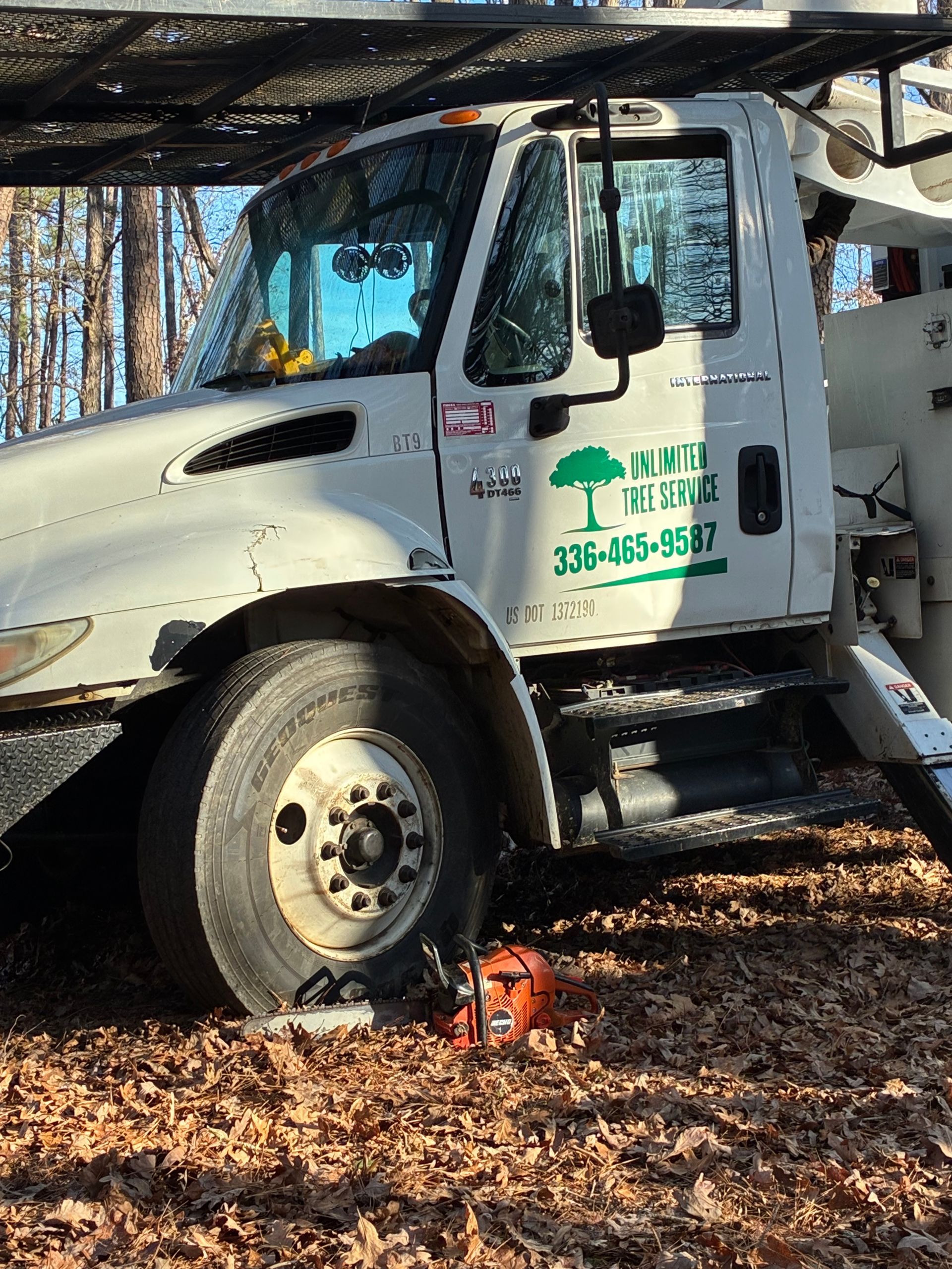 White tree service truck with a chainsaw on the ground; trees in background.