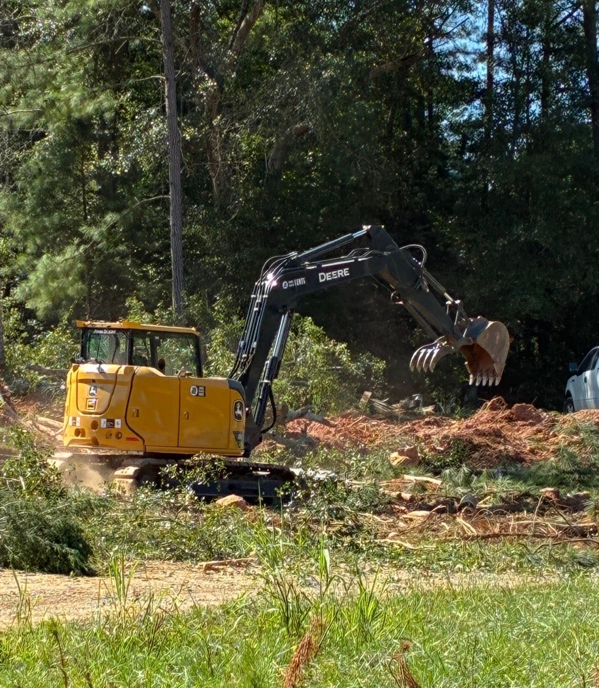 Yellow excavator clearing brush near a wooded area.