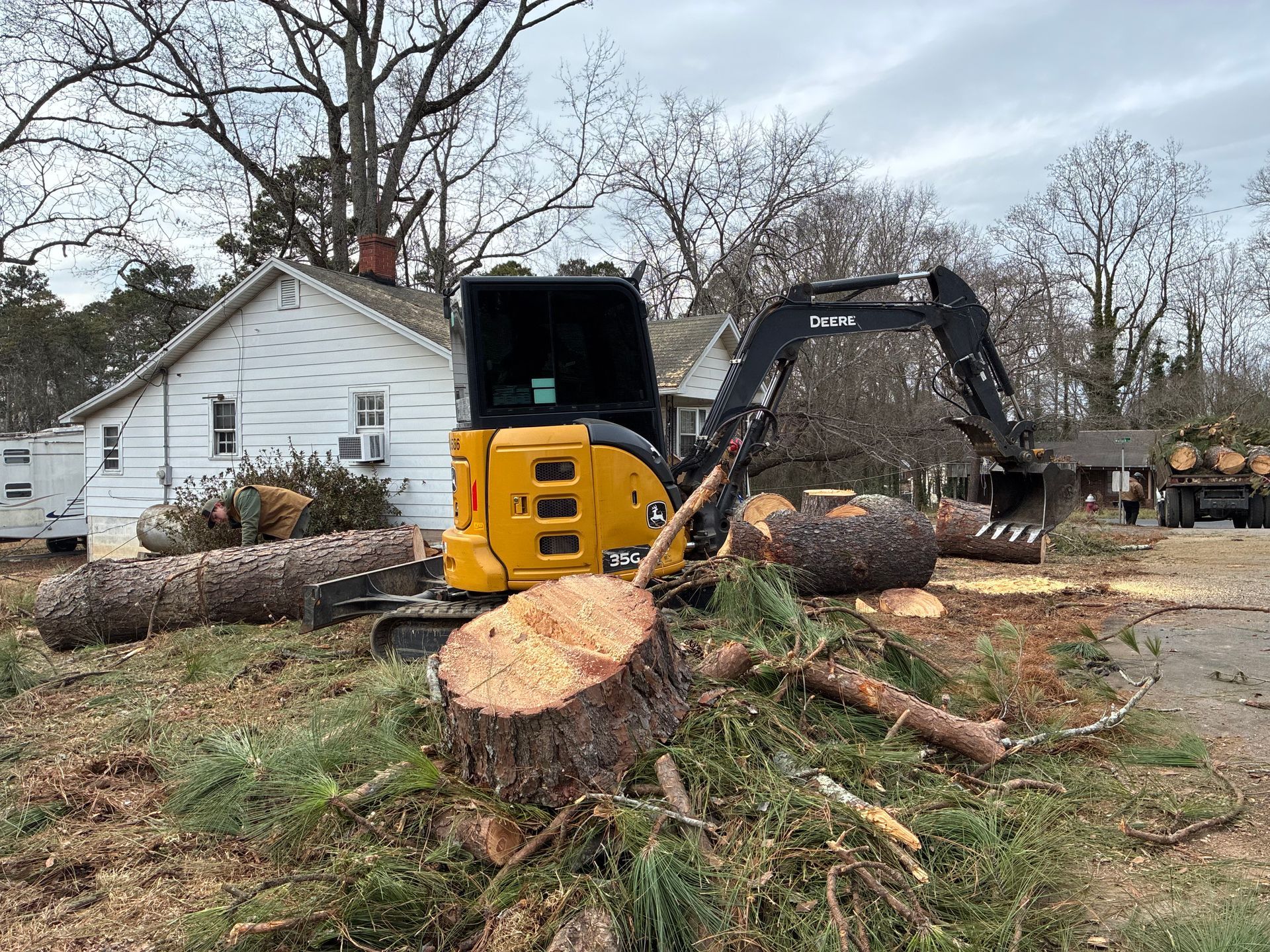 Yellow excavator cutting a tree, debris around. White house in background.
