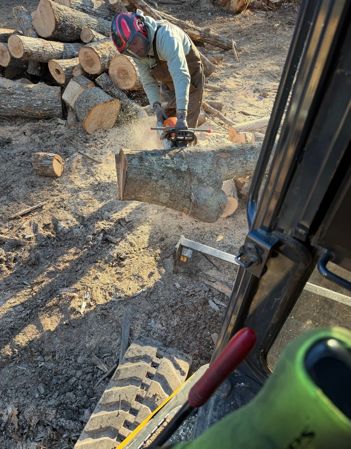 Person cutting a log with a chainsaw outside. Sawdust in the air, logs in the background, taken from the inside of a vehicle.