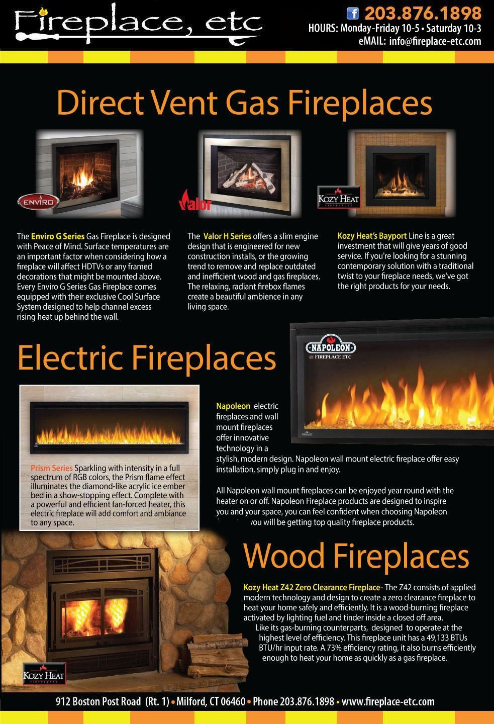 Promotional flyer for fireplace products: direct vent gas, electric, and wood fireplaces with flame photos and contact info