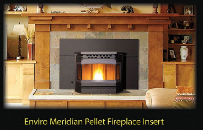 A black pellet fireplace insert is installed in a traditional stone hearth with a wood mantel and built-in shelving.