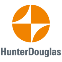 Hunter Douglas logo: orange circle with a stylized arrow, gray text below.