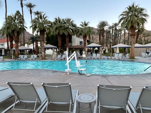 Pool area with lounge chairs, palm trees, and a pool lift.