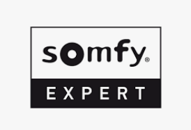 Somfy Expert logo: black and white rectangle with