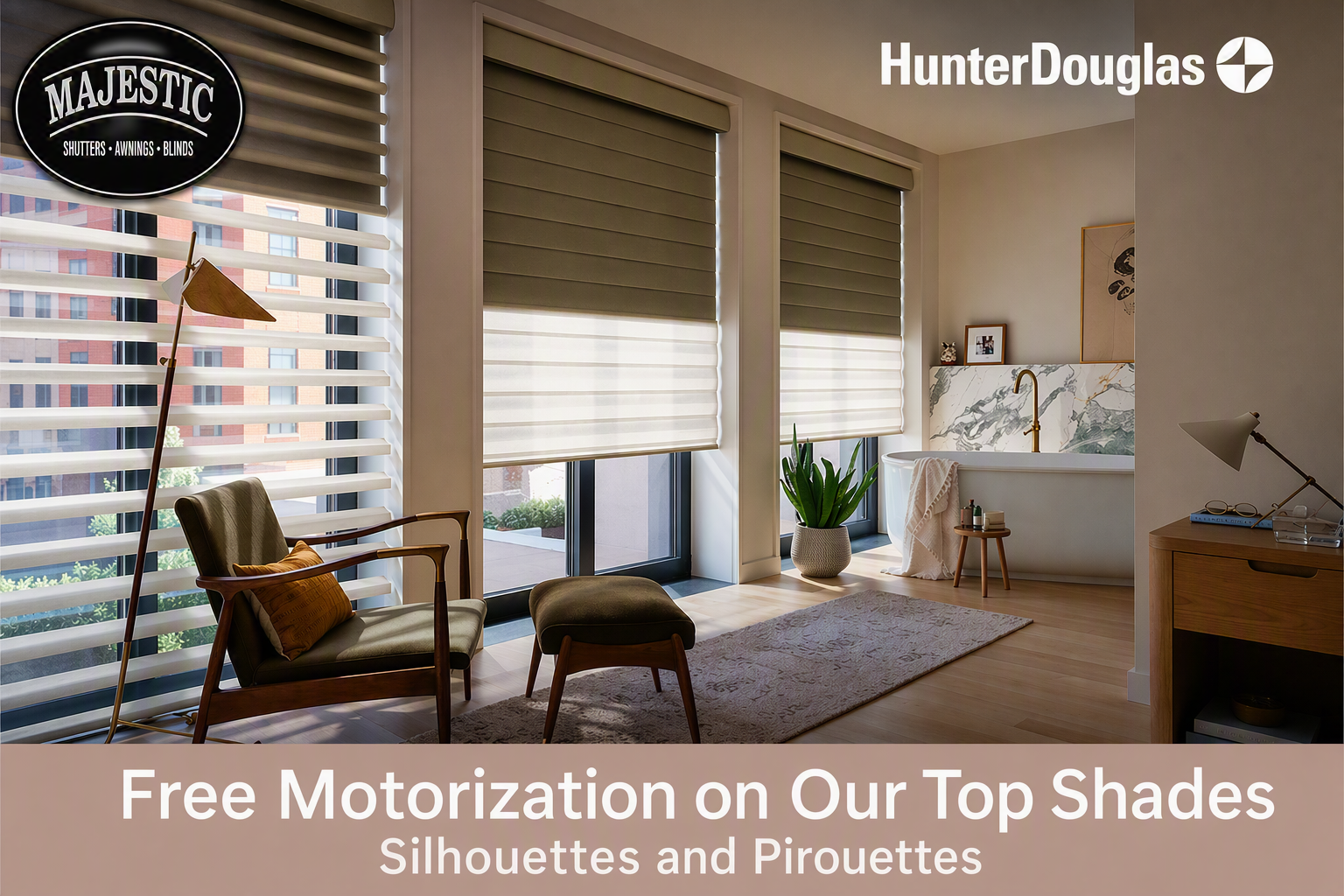 Hunter Douglas ad for free motorization on top shades in a bright living room