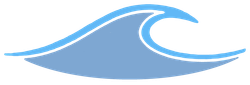 A blue wave with a white outline on a white background.