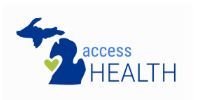 Access Health logo with blue Michigan silhouette and green heart icon
