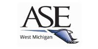 ASE West Michigan logo with black text and blue feather graphic