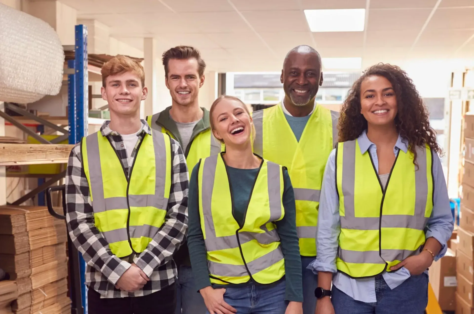 Five coworkers wearing yellow safety vests stand together in a warehouse aisle, smiling at the camera.