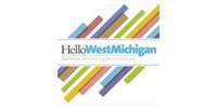 HelloWestMichigan logo with multicolored diagonal bars and gray text on a white background