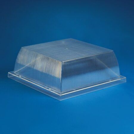 Clear plastic protective cover over a rectangular object on a blue background