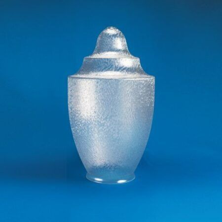 Frosted glass urn with a rounded lid on a blue background