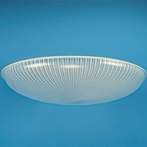 White ribbed ceiling light fixture against a blue background