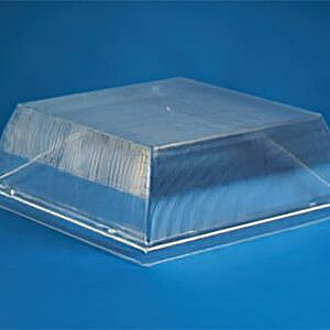 Transparent plastic cover over a square object on a blue background