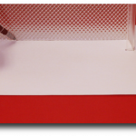 Red and white geometric wall with a blank white center panel and red strip along the bottom
