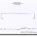 Technical drawing of a long U-shaped metal bracket with measurement notes on a white background