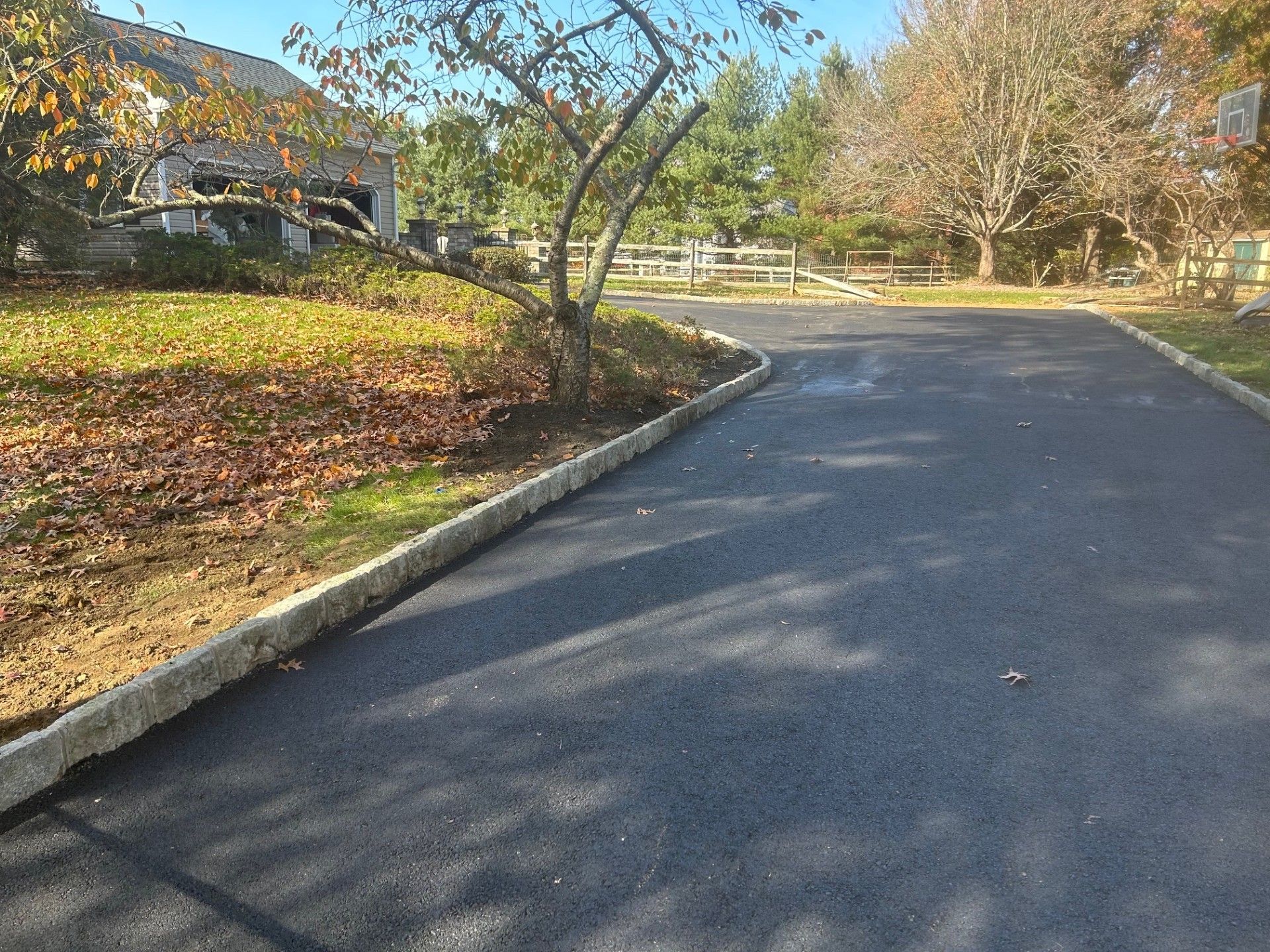A driveway leading to a house with trees on the side of it.