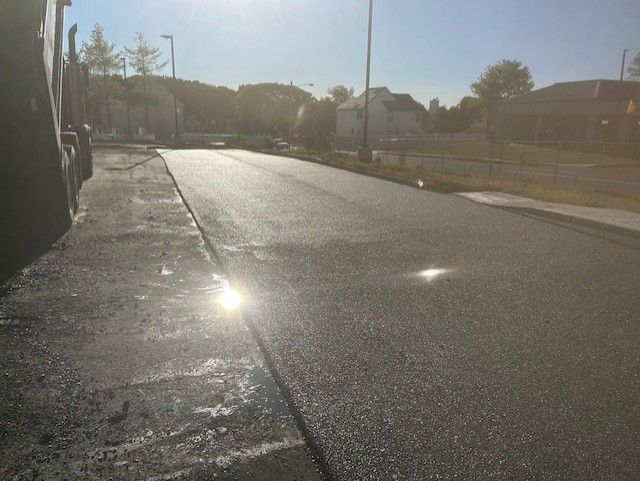 The sun is shining through the trees on the side of the road.