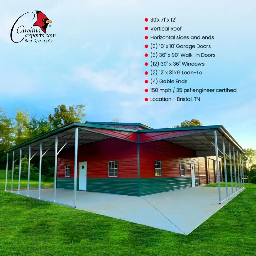 Metal building with red and green walls, carport, white doors, and windows. Located in Bristol, TN.