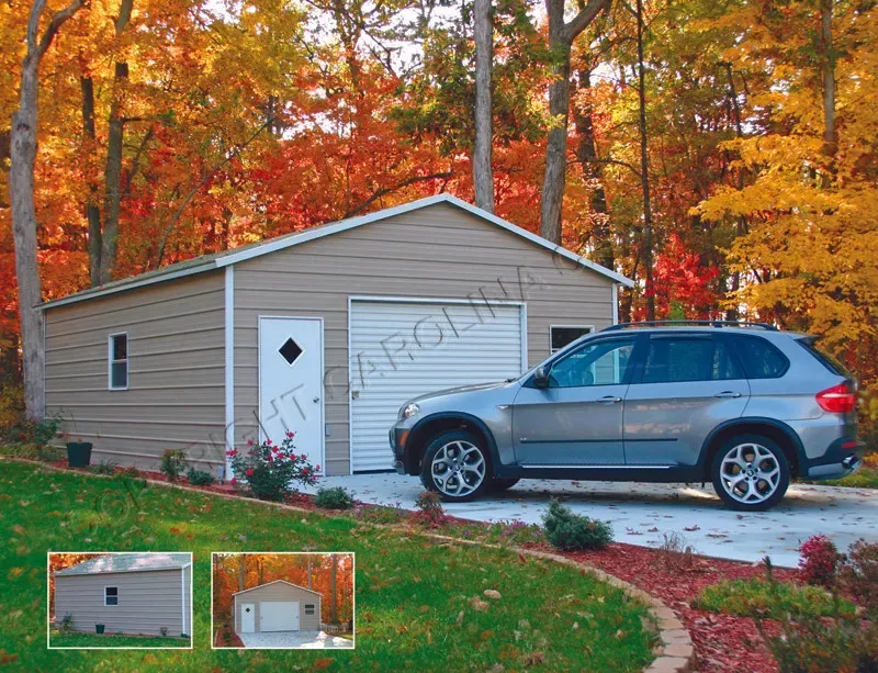 Tan metal garage with a white door, a car parked in front, fall foliage.