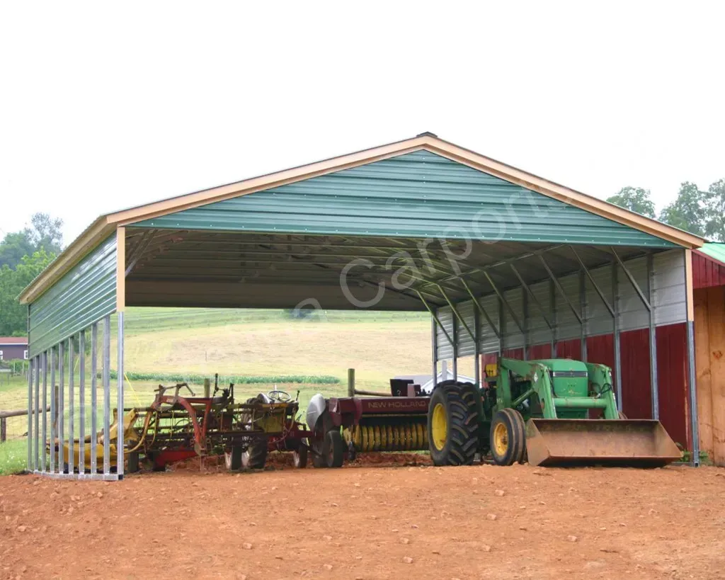 Open-air metal shed with agricultural machinery parked inside, on a dirt lot.
