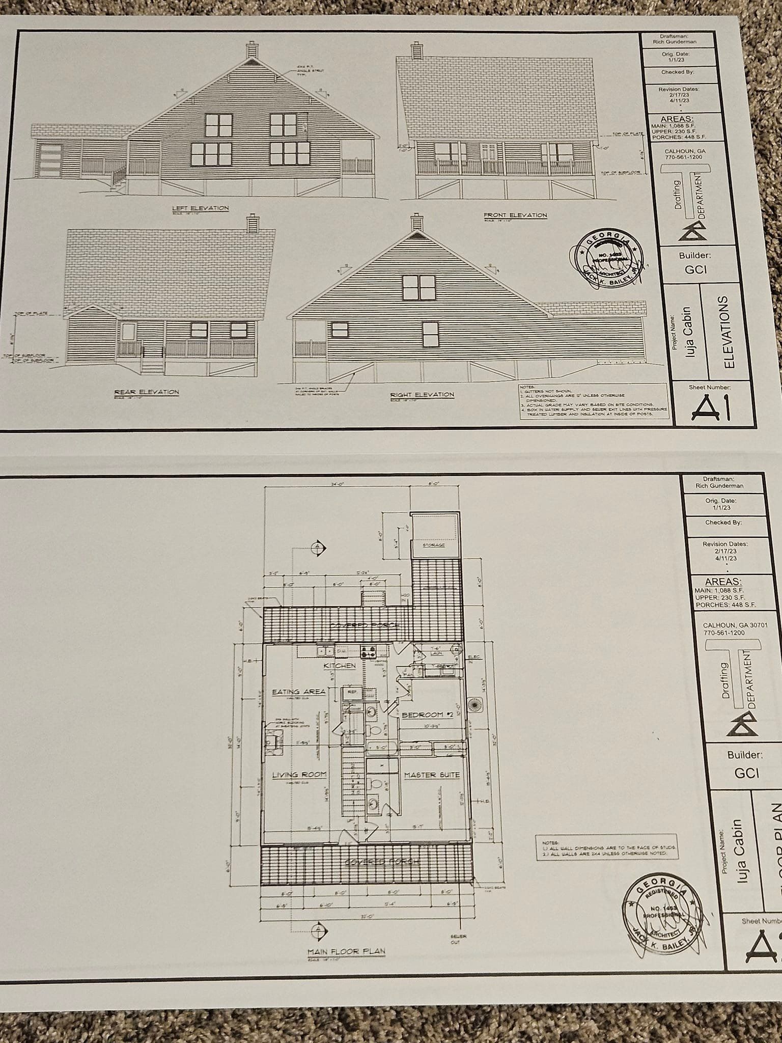 Two architectural plan sheets showing house elevations and a floor plan layout with dimension markings.