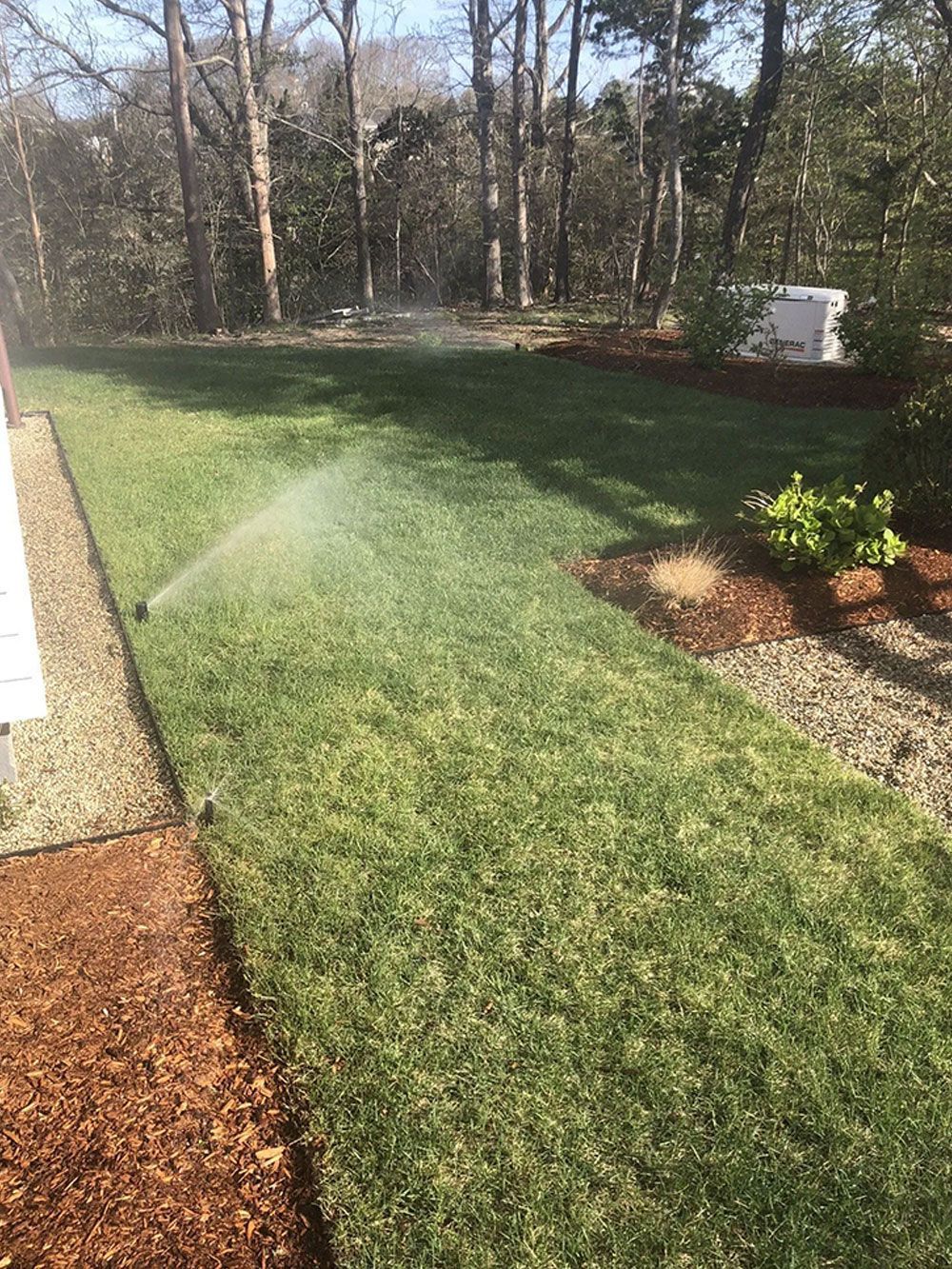 A lawn sprinkler sprays water over a green yard bordered by mulch, gravel, and trees on a sunny day.