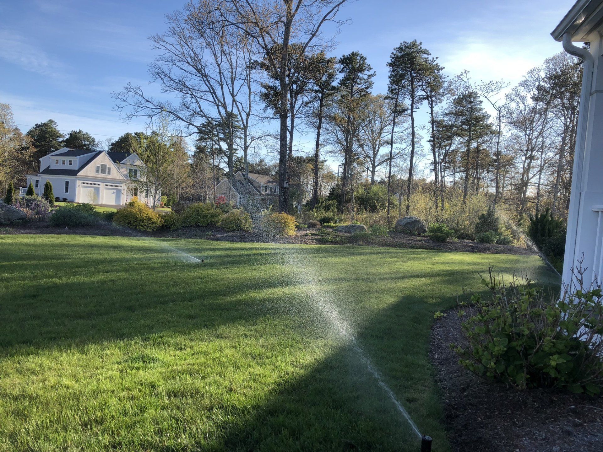 A lawn sprinkler sprays a fine mist of water across a green residential yard on a sunny day.